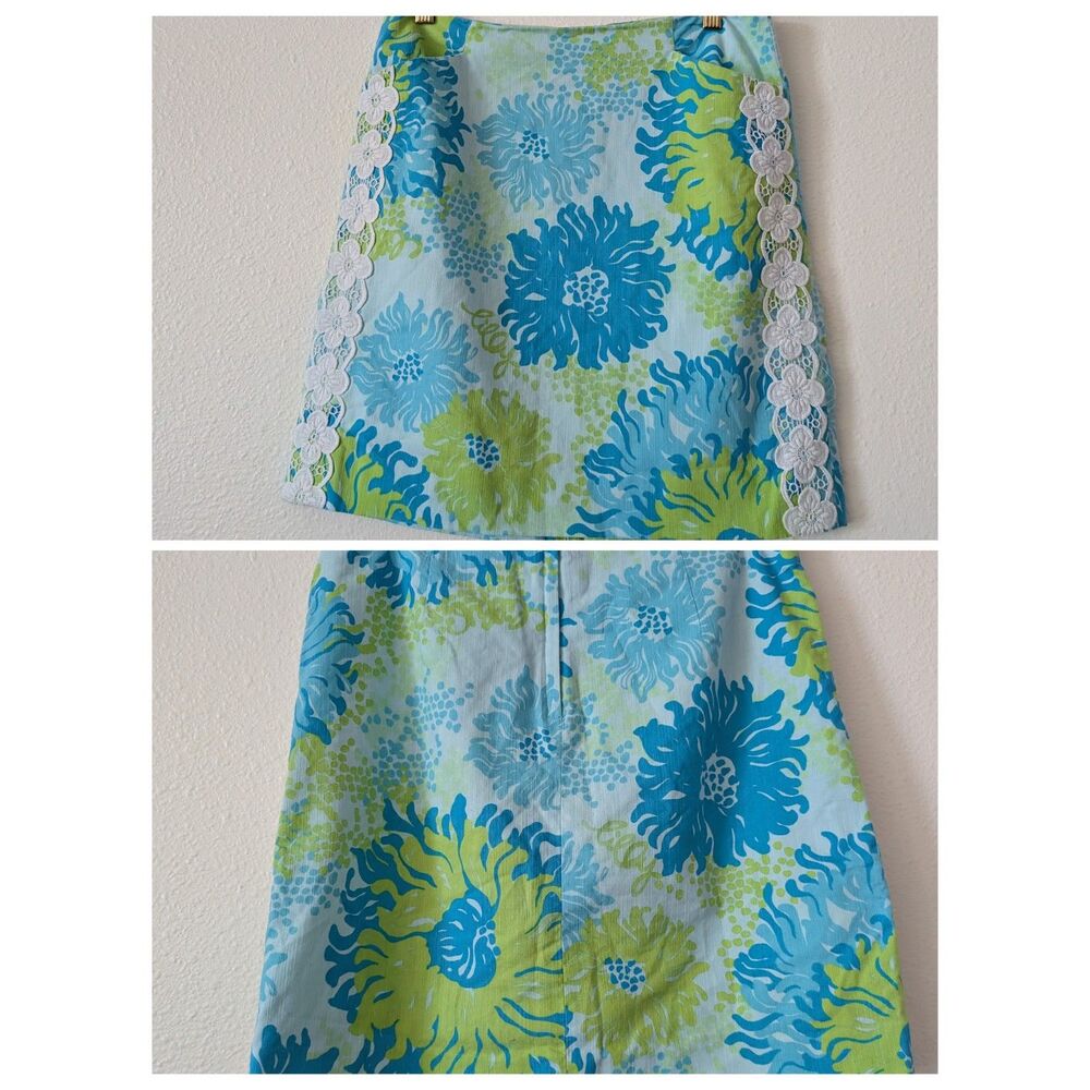 Lilly Pulitzer Floral Mini Skirt Cotton Blue Green White Lace Trim 2 - Picture 3 of 11